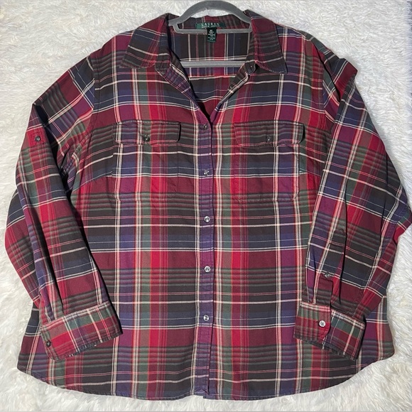 RALPH LAUREN Red Green Plaid Tartan Flannel Button Down Shirt Top Plus 2X - Picture 1 of 6